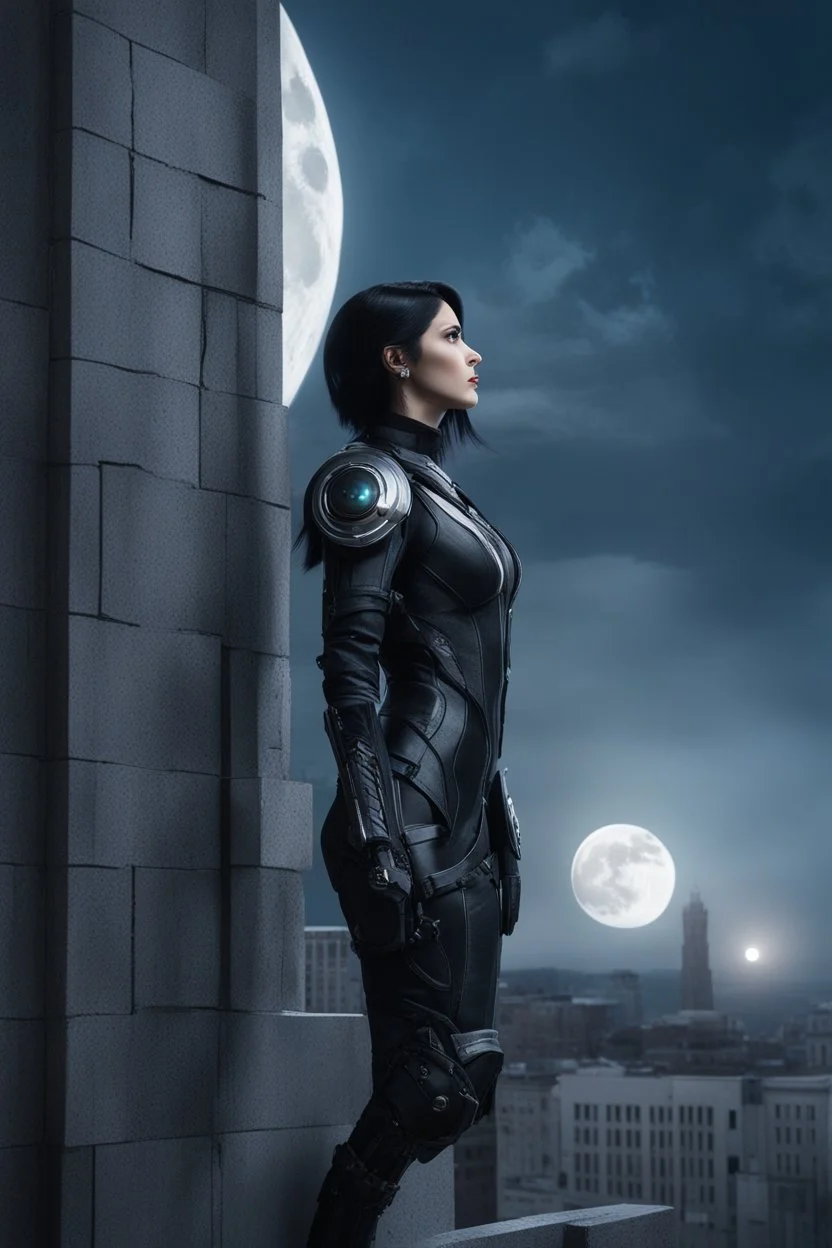 Fantasy Photo Of A Woman With Black Hair, Wearing A android-looking suit, standing sideways On A Ledge of a building, With A waning moon Behind Her Head