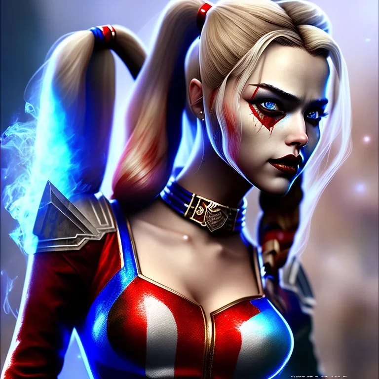 only harley quinn, fly hair, mist around, highly realistic, highly detailed, warrior armor, mist around, smoke