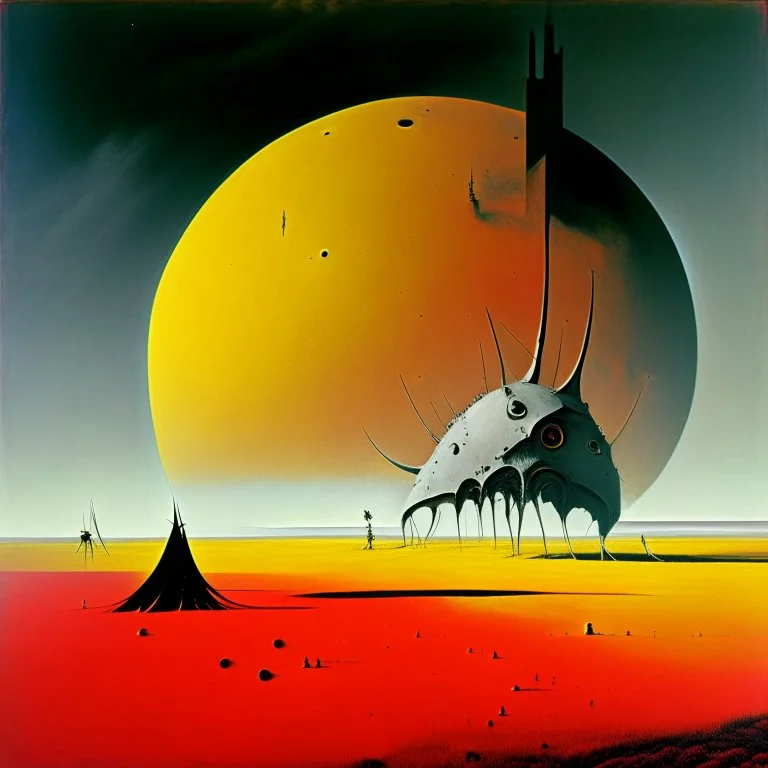 High concept art, by Yves Tanguy, dramatic unreal landscape, in a red field with a Lemon house, smoking lunar lander wreck in the distance, colossal biomechanical Minotaur carrying a stained astronaut helmet, large moon on horizon, dynamic composition, oddball masterpiece, sfumato, complex contrast