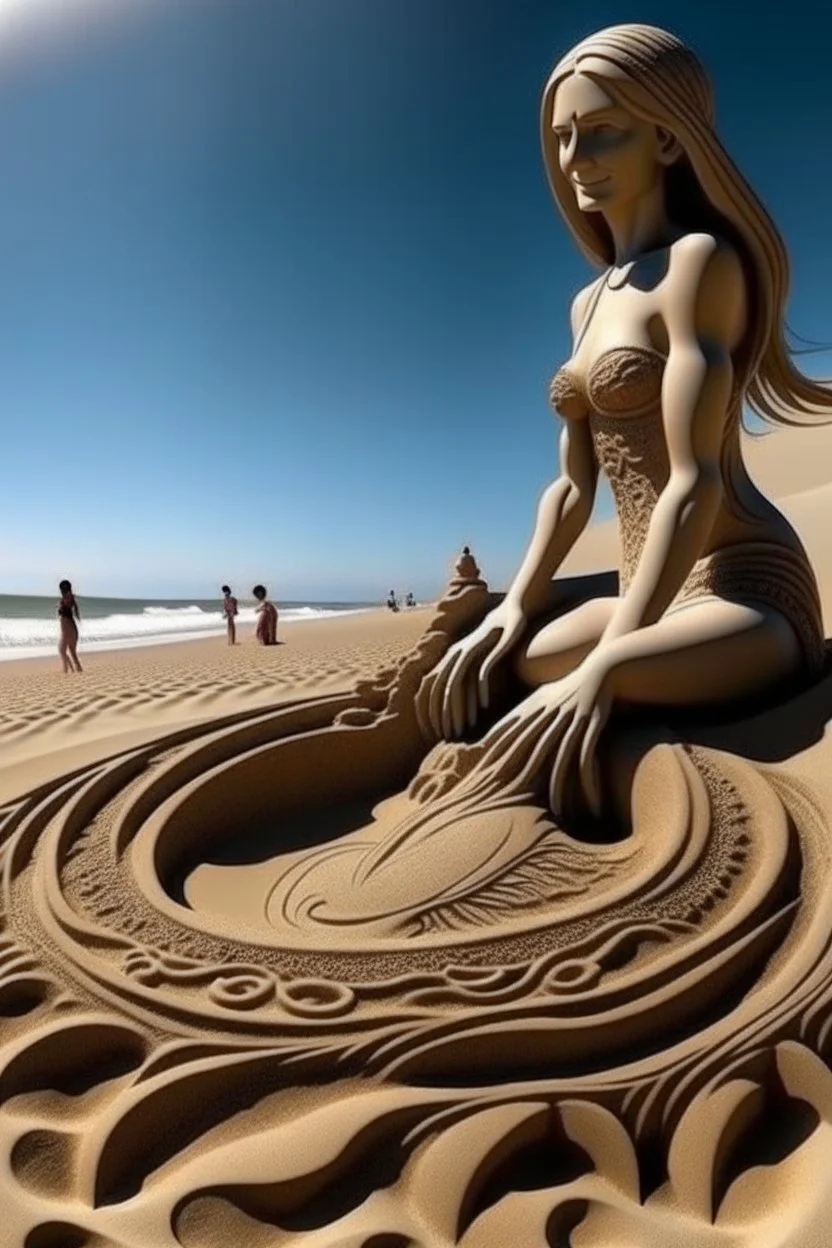 a hot woman , intricate sand art in a beach, sand sculpted,