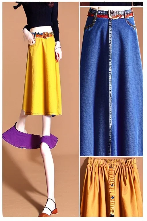 year 1996 denim fashion. Loose skirt, low waist. Colors: denim blue, blue, purple, cream, khaki, light green, lilac, plum, orange, terracotta, red, light yellow, lion yellow, pink, dark blue, beige.