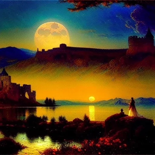 Drawing of 'Medieval Romanian Castle',mountain,lake,full moon, by gaston bussiere, greg rutkowski, yoji shinkawa, yoshitaka amano, tsutomu nihei, donato giancola, tim hildebrandt, oil on canvas, cinematic composition, extreme detail,fit full head inside picture,16k