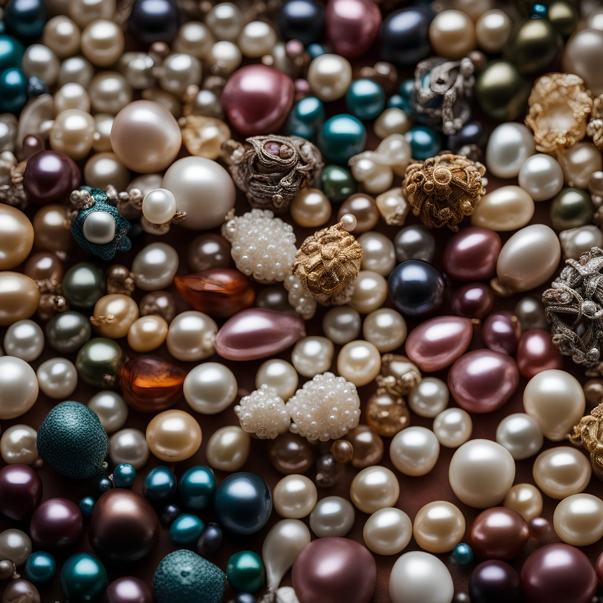 PEARLS IN DIFFERENT SHAPES AND COLOURS OVERFLOW A JEWEL BOX AND ROLL ON A TABLE, STUDIO LIGHTING, SOFT, SHARP FOCUS, INTRICATE