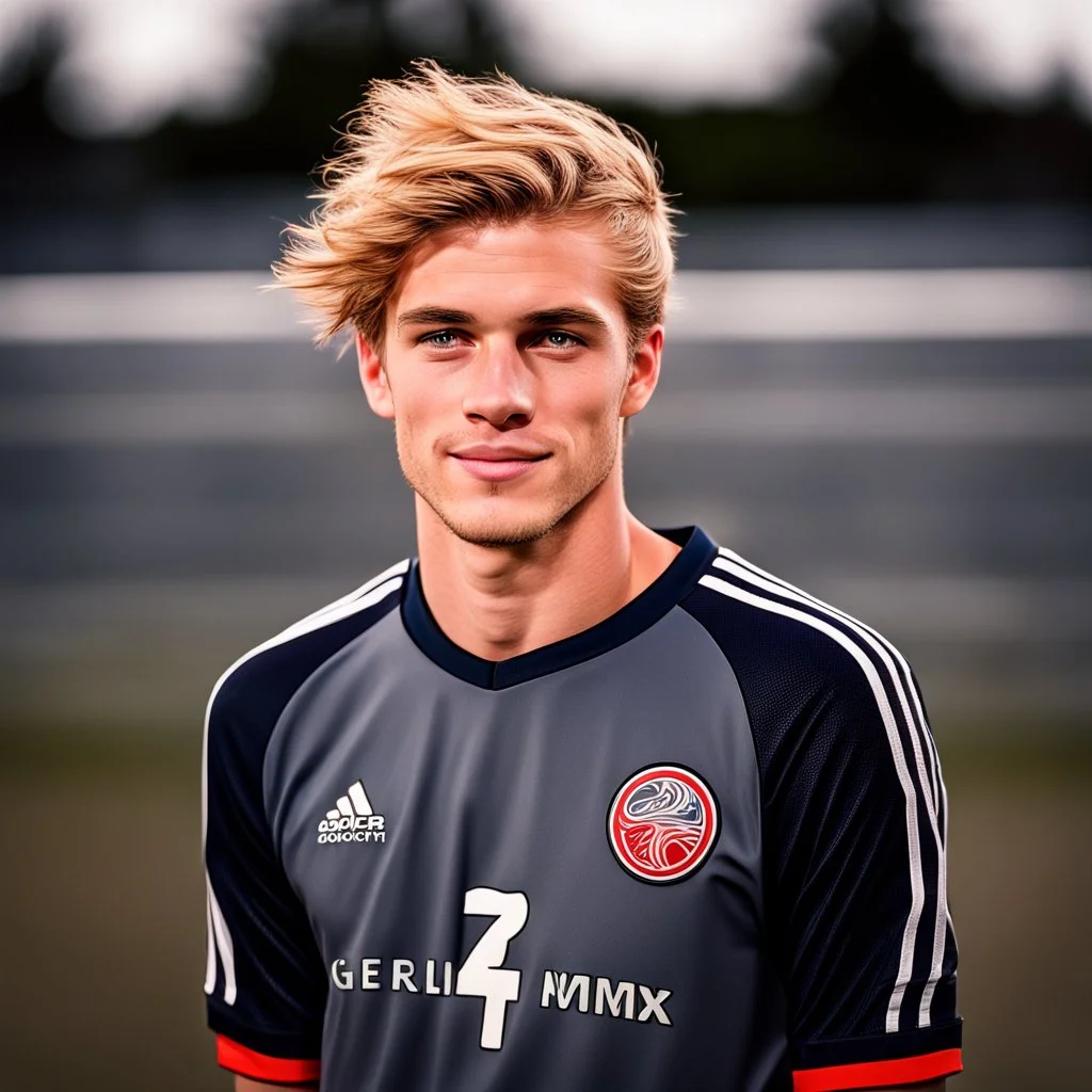 85mm DSLR color photography of a very detailed headshot fitting all of head and hair in frame. 22-year-old Germen soccer player, with blonde hair color and no facial hair and with a small smile, grey background