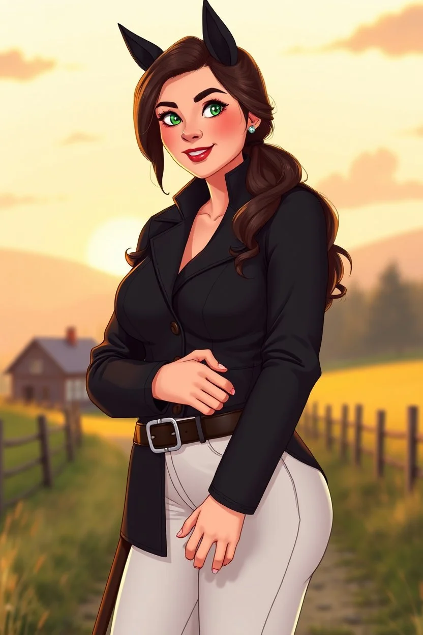 In a realistic, non-anime, vintage cartoon style: Bust shot of 35-year old, bit chubby Scandinavian dark-haired mansion owner lady with green eyes, wearing equestrian attire with tight white pants and black or blue jacket and a riding crop, posing standing in Bavarian countryside in sunrise.