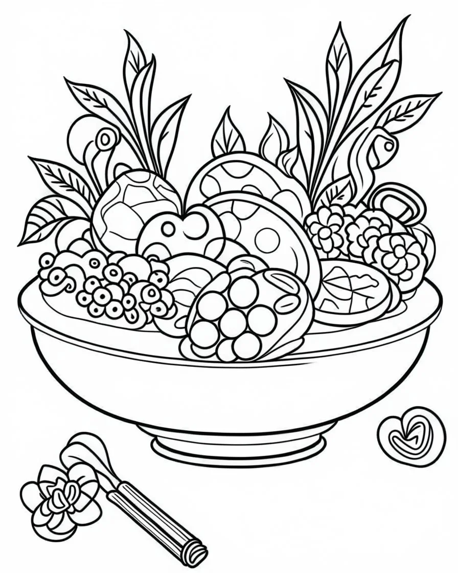 outline art for stoners coloring pages with A very simple and super minimal design featuring a bowl of fruit on a table., white background, sketch style, fully body, only use outline, cartoon style, clean line art, white background, no shadows and clear and well outlined