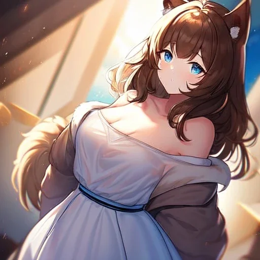 Clear focus, High resolution, Long fluffy brown hair, blue eyes, wearing a white skirt, detailed outfit, wearing a jacket oversized off shoulder, rough line, hair above ears, dog ears, off shoulder white shirt, chopped bangs