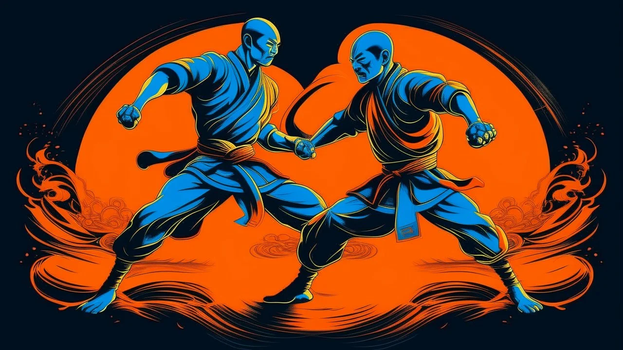 An image of two wushu fighters fighting in a black, orange, and blue color scheme.