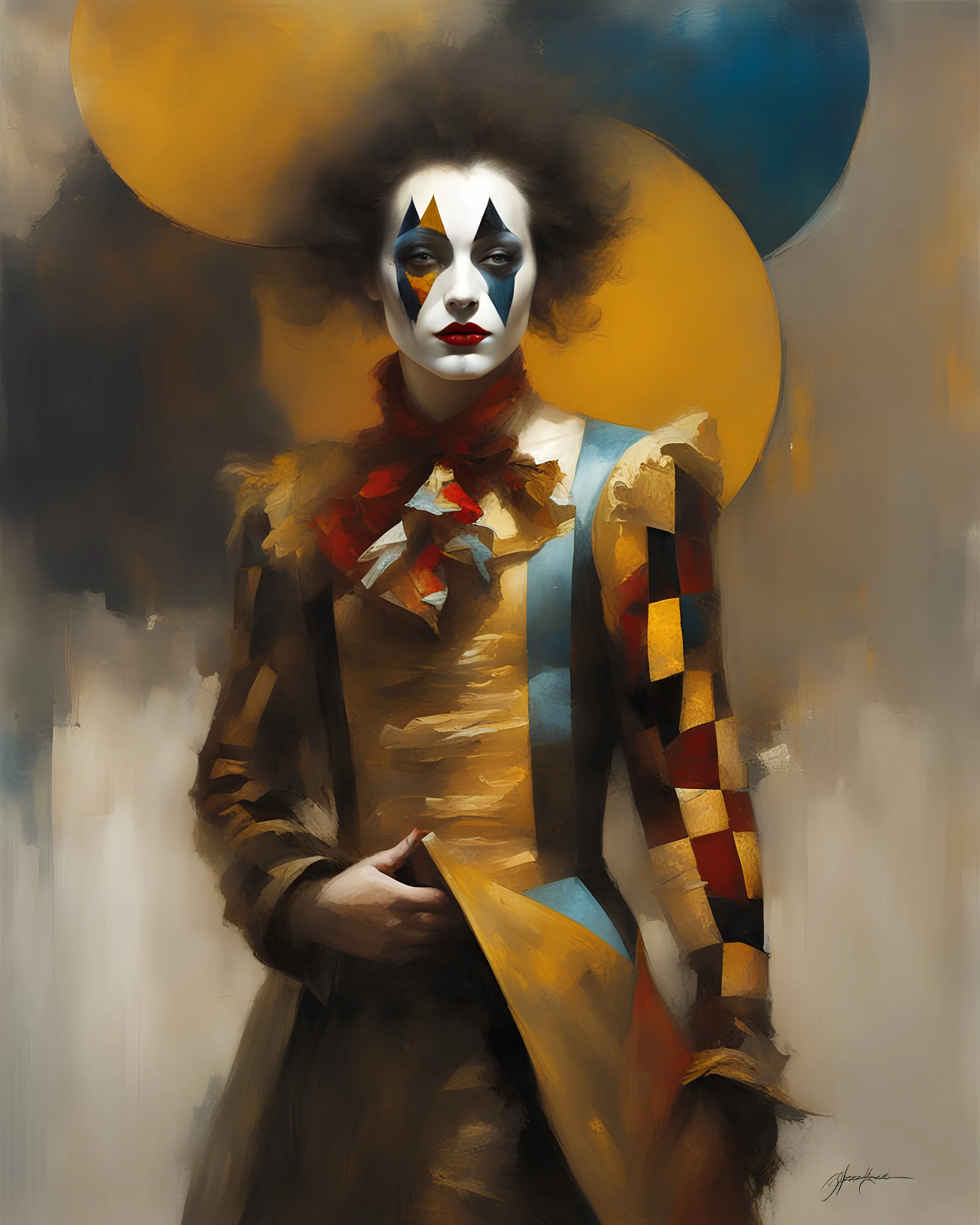 Digital Art of merry harlequin embodying the essence of merriment in a , minimalist approach, influenced by Luis Miranda, Jeremy Mann, Jeffrey Catherine Jones, blends conceptual art with elements of painting and illustration, somber tones, fragmented souls, shadow play, diffuse textures, abstract forms, digital painting, high conceptuality, palette inspired by Jeffrey Catherine Jones, golden ratio composition, fine detail, cinematic lighting.