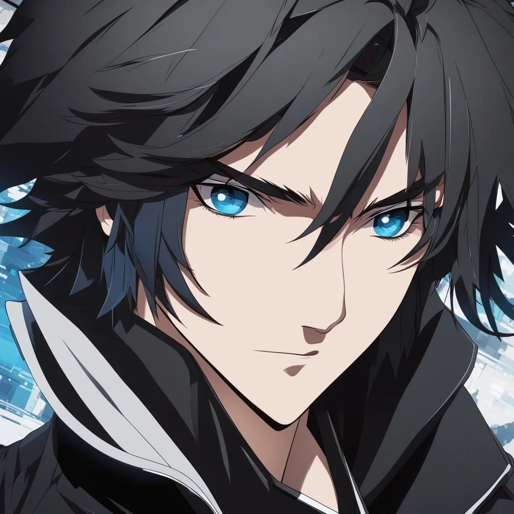 (masterpiece), (anime style), award winning, close up, centered, headshot, looking toward camera, messy black hair, young man, blue eyes, modern intricate background, dynamic lighting, depth of field, ultra detailed, (epic composition, epic proportion), 2D illustration, professional work, black clothes