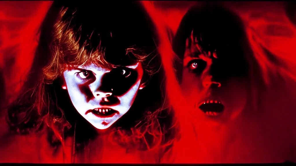 The Exorcist is a 1973 American supernatural horror film. The demonic possession by Pazuzu demon of a young girl (Linda Blair).Alchemist , high voltage, thunder light, closeup, proactive scene, provocative moving, action pose, modern and futuristic HD colored black and red decor of black Pazuzu demon in a high voltage,light saber action, double exposure, halo, perfect composition, highly detailed, ba