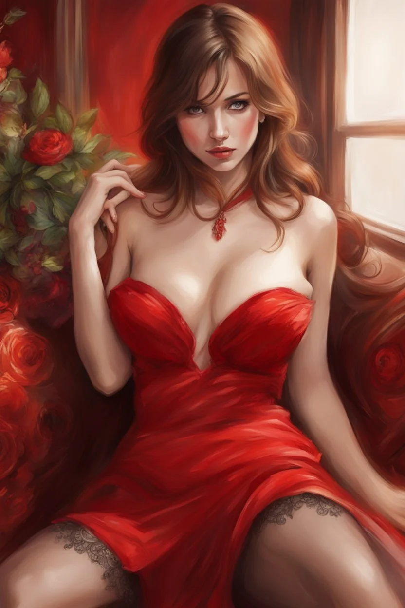 A stunning, seductive woman in a fiery red dress, casting a shy glance over her shoulder.