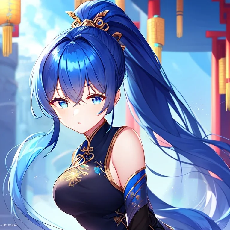 girl, masterpiece, best quality, volumetric lighting, detailed outfit, perfect eyes, blue hair, blue eyes, long hair, black stockings, ponytail, chinese clothes,