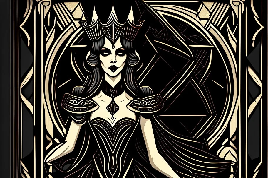 Stylized goth queen, In the style of Tarot and Art Deco, Black colours