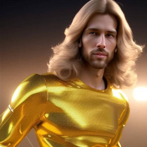 beautiful cosmic golden male, long hair, nice smiling, delicate colors, beautiful glamour galactic golden dress, ultra sharp focus, 8k, unreal engine 5, extremely sharp detail, light effect, soft light atmosphere of a spaceship, smooth, full of details, face in front, complete vision of face and body