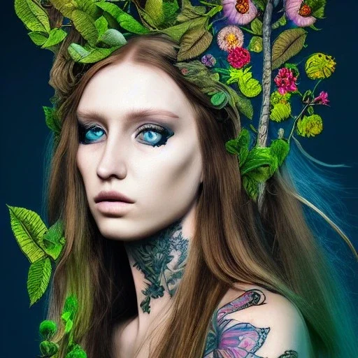 "perfect long-haired woman, full face tattoo of flower art and trees extending past face and morphing into reality, 8k resolution, high-quality, fine-detail, intricate, digital art, volumetric lighting