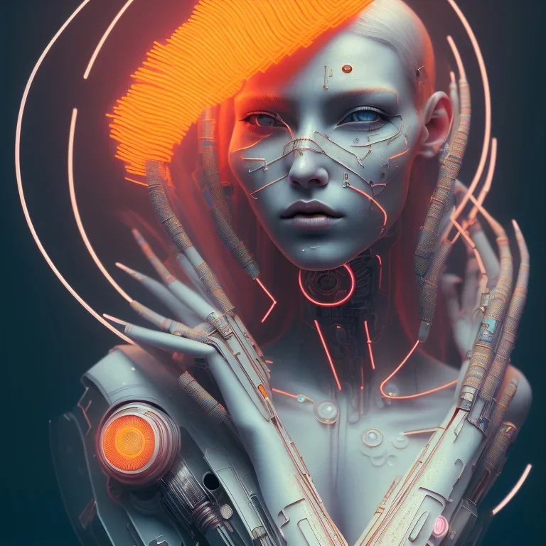 A beautiful portrait of a cute cyberpunk woman happy, grain on the skin, tribal tatoos, orange color scheme, high key lighting, volumetric light high details with white stripes and feathers full length clean art NFT, soft lighting, soft pastel gradients, high definition, blender 3d cinematic, op art, visionary art, sacred geometry, fractal, white balanced