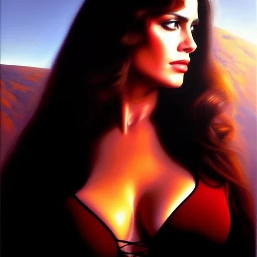 portrait of beautiful busty Sarah Connor painting by Brom , oil on canvas, cinematic composition, extreme detail,fit full head inside picture,8k