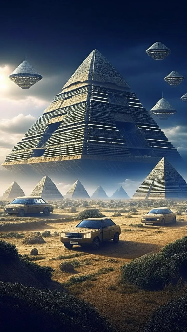 Ancient pyramids with fururistic technology, homes around. People driving spaceships. Thunderstorm