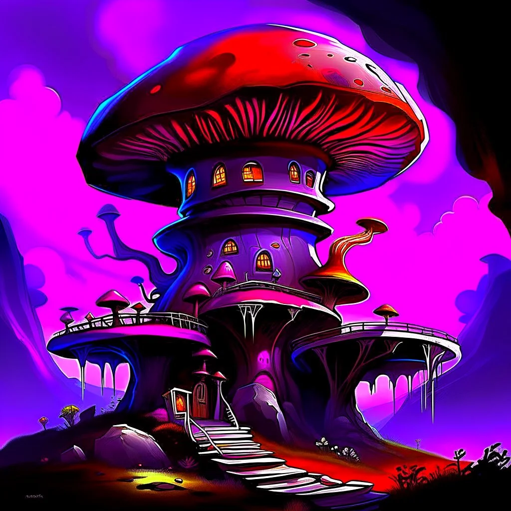 A fantabulous black, red, and purple (((mushroom tower house))) erected atop a (geologic pillar), surrounded by the uncanny imaginative ((( swirling skies))), offset by the stark hues of a (neon-tinged nebulous space scape), within. captured by the hand a skilled master painter with a focus on (softly blurred compositions and voluminous lighting).