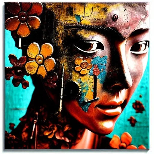 an abstract painting of rusted metal and flowers, Geisha portrait, rust, scaffolding, iron cladding, decay, mixed media, textured, anatomically correct, beautiful perfect face, sharp focus, highly detailed by Rafael Sanzio 8k