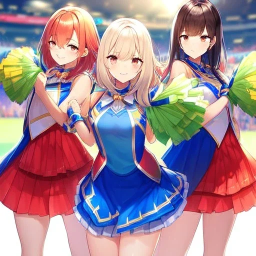 Clear focus,High resolution, three girls, wearing a cheerleader outfit