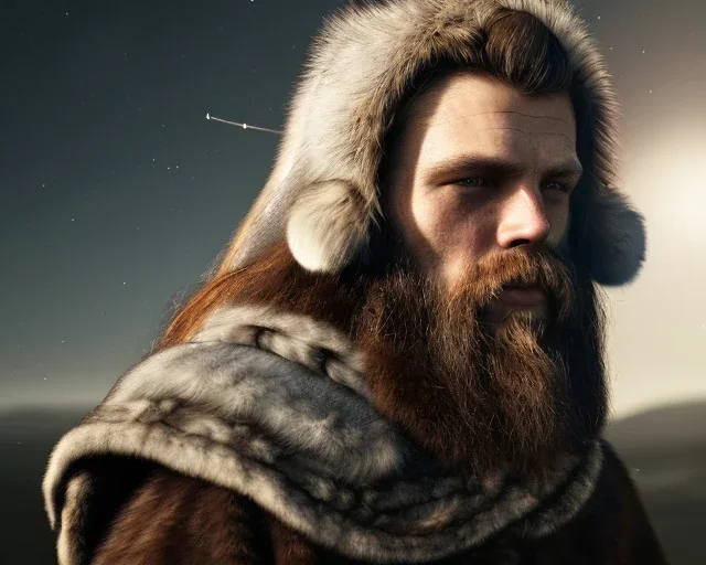 a sad and lonely viking looking up at the stars at night, hyper realistic, 8k, insane detail, atmospheric background, crying eyes, big fur coat, long braided hair, sharp focus, soft background, dynamic lighting, viking helmet, night time