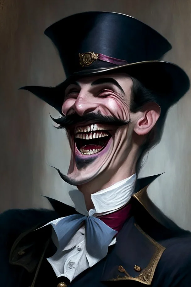 Strahd von Zarovich with a handlebar mustache wearing a top hat while laughing