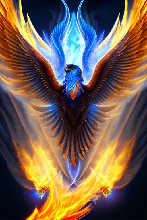 blue phoenix, flaming wings, balanced, beautiful, smooth, flying, graceful