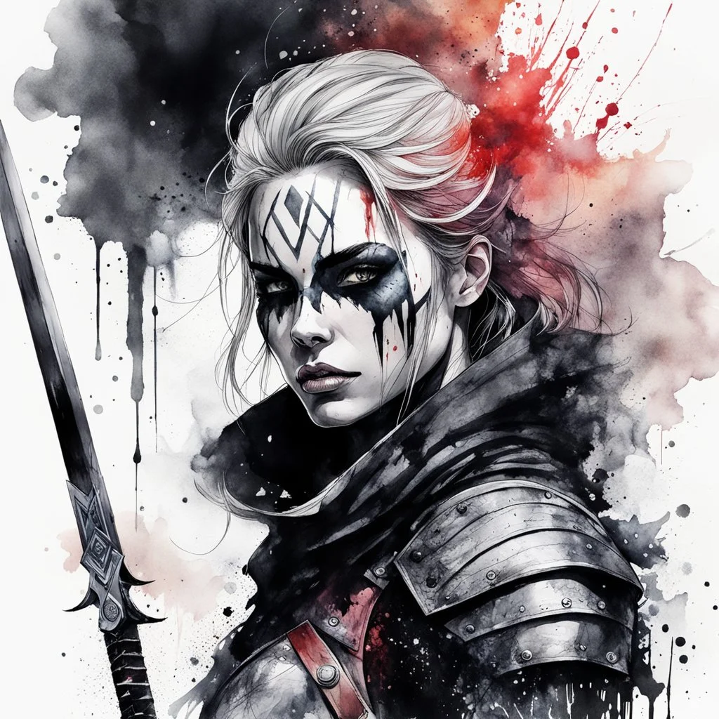 highly detailed, ink wash and watercolor concept illustration of a female Nordic rogue warrior character , maximalist, sharp focus, highest resolution, in the styles of Agnes Cecile, Alex Pardee, and Bill Sienkiewicz, 8k, coarse, gritty textures