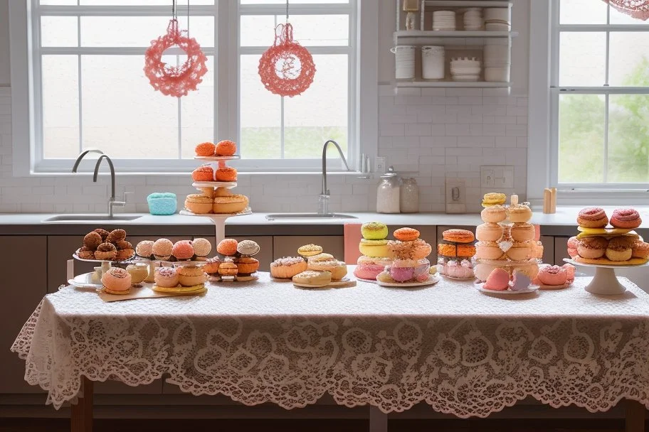 amigurumi desserts, cookies and macarons on lace tablecloth in a modern kitchen in sunshine