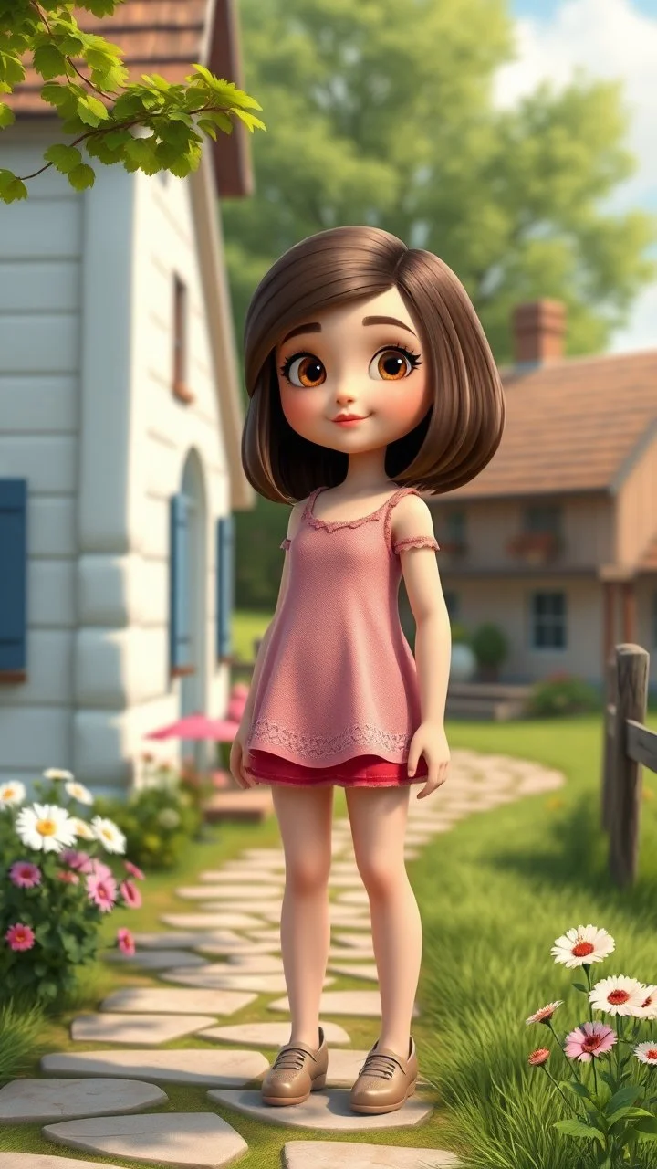 cartonic child girl with realistic face and bob hair and makeup in pretty top and short tight and nice shoes,looking like a beautifull lady standing in country side next to country house with flowers,trees.