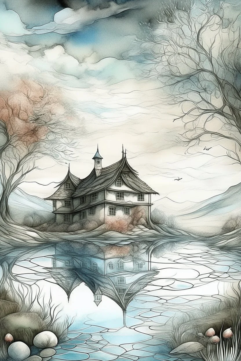 The place where the Dream and its followers live. A reflection of the sky. Watercolor, new year, fine drawing, beautiful landscape, pixel graphics, lots of details, pastel aqua colors, delicate sensuality, realistic, high quality, work of art, hyperdetalization, professional, filigree, hazy haze, hyperrealism, professional, transparent, delicate pastel tones, back lighting, contrast, fantastic, nature+space, Milky Way, fabulous, unreal, translucent, glowing