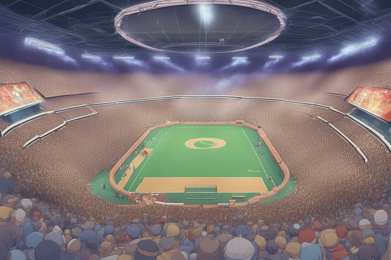 a Pokémon stadium with many lights and a big crowd, cell shading