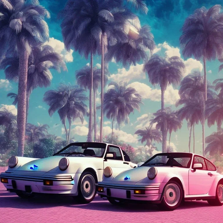 1980's aesthetic vaporwave palm trees and spheres and Porsche with lightning