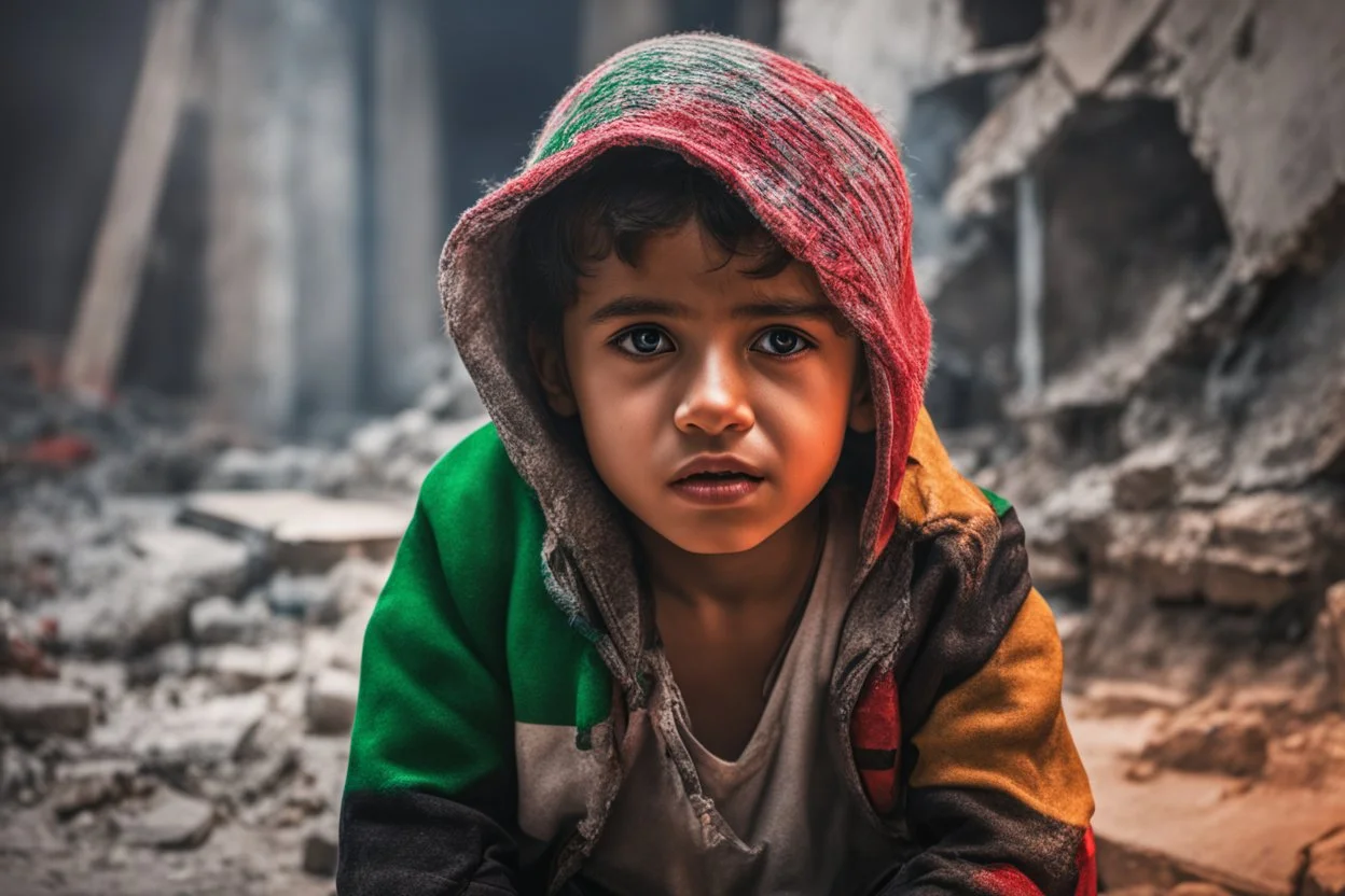 A crying Palestinian child in a broken building, Palestine flag, neon effect , close picture, highly detailed, high details, detailed portrait, masterpiece,ultra detailed, ultra quality