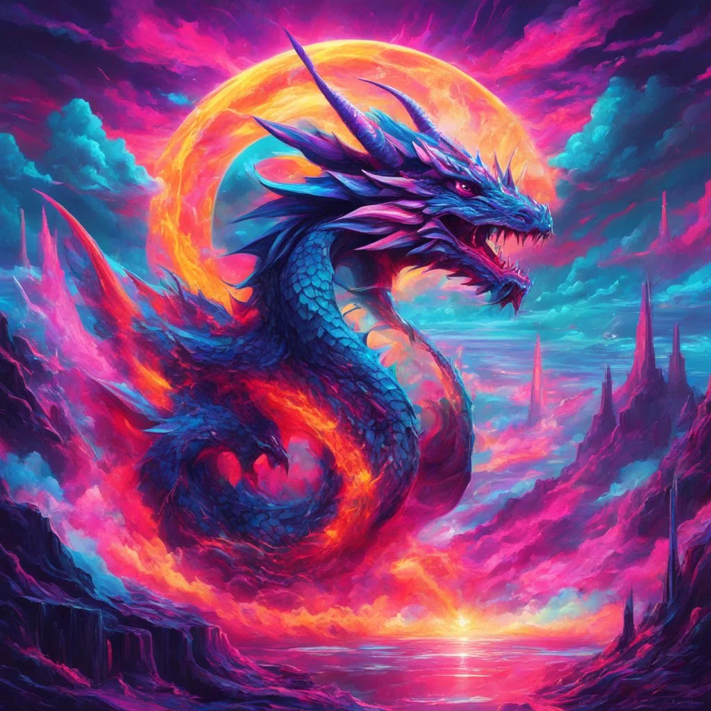 Dragon in a vibrant synthwave dreamscape, neon chaos swirling energetically around pixelated forms, a dynamic fusion of retro gaming nostalgia and futuristic abstraction