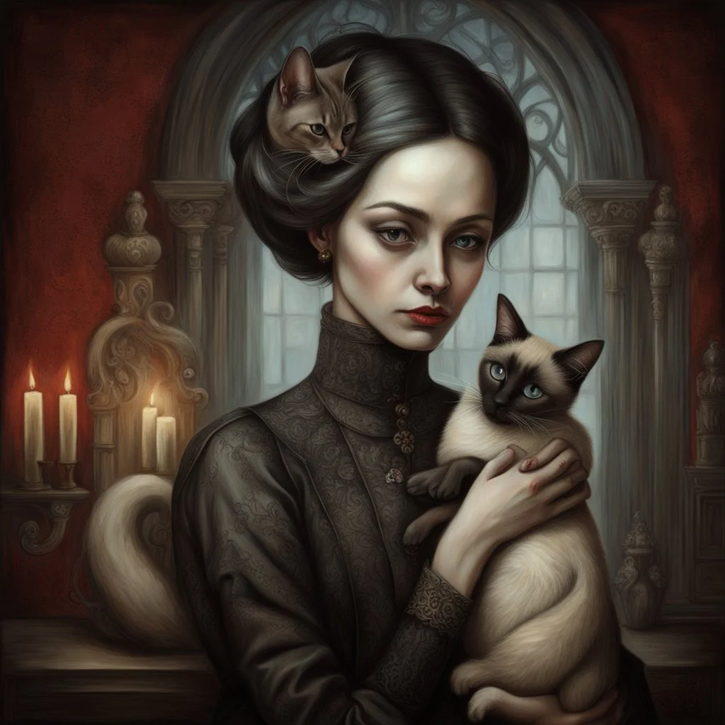 woman with Siamese cat in Gothic, Realism, Romantism, GothicNeo, Surrealism.