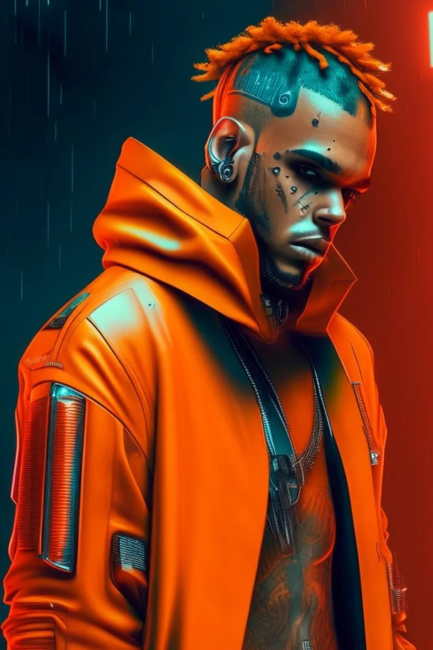 Chris brown dressing in orange, cyberpunk, ultra realistic