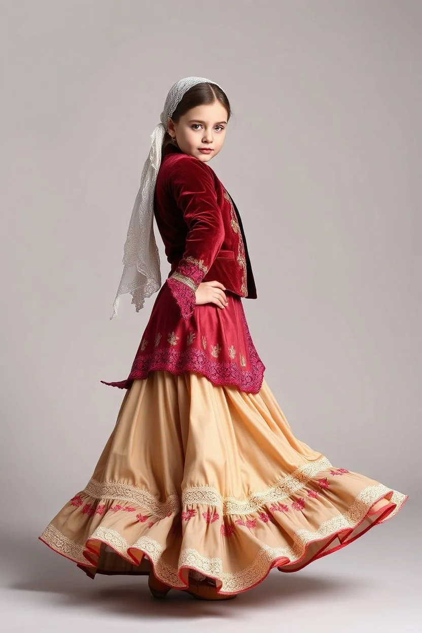 simple background, full body of very pretty little girl in azeri dance wearing A long underdress or shirt, often made of silk,A fitted, often velvet or brocade, jacket worn over the shirt.Wide, bell-shaped skirts are worn, often long and layered to create beautiful movements while dancing, with a long lace scarf at back of her head,in relax pose looking at camera