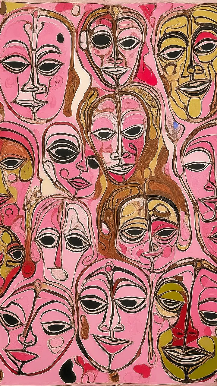 A pink savanna with magical masks painted by Jean Dubuffet