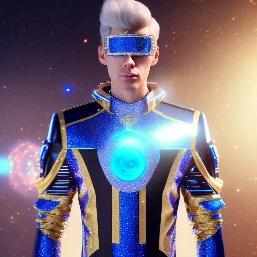 Handsome galactic man, glitter blue and white galactic suit with jewels, blond hair, blue eyes, cinematic lights, full details, hight quality, unreal engine 5, 4k, cosmic stars background