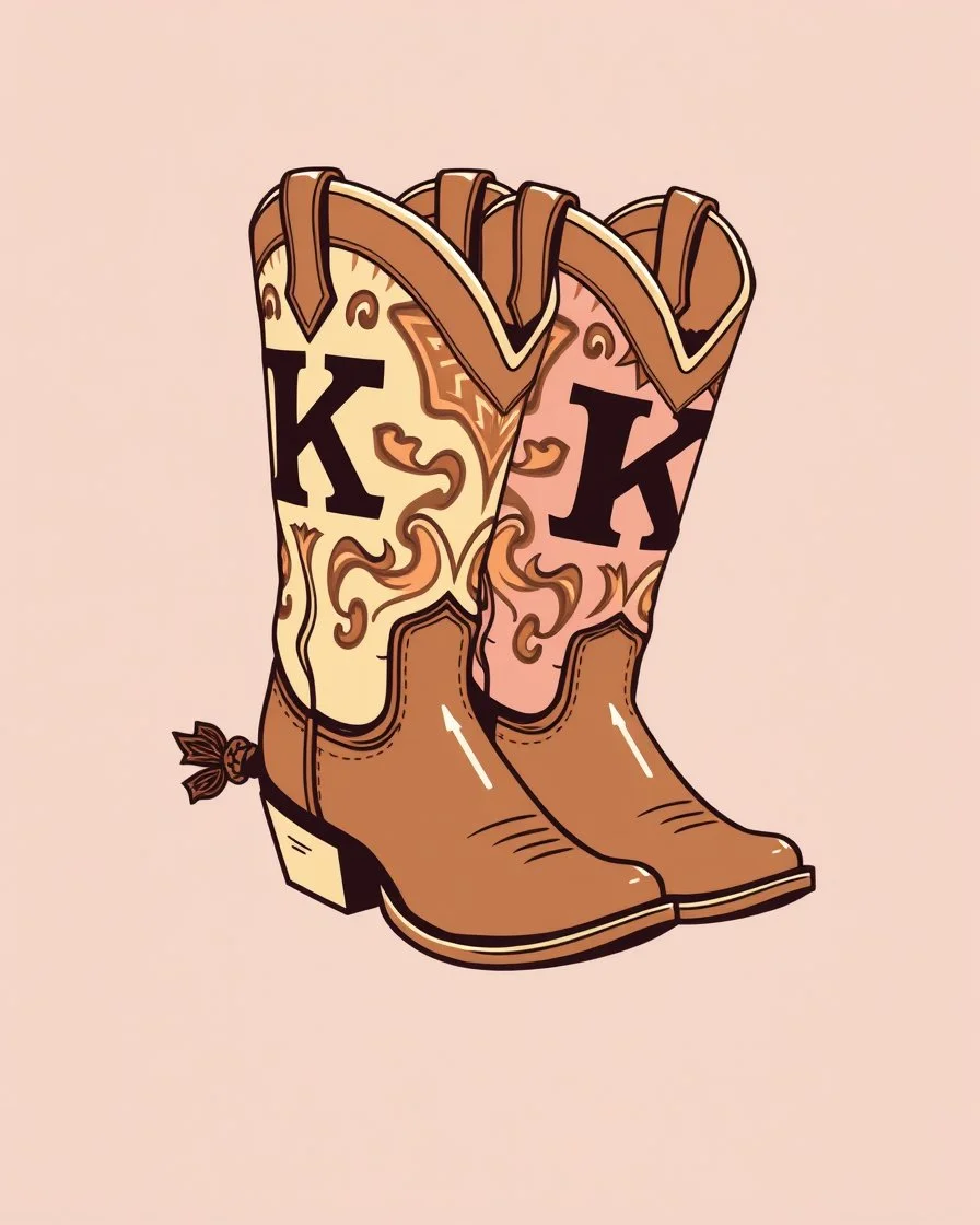 a pair of cowgirl boots with a large "K" in the pattern on their sides. Vector illustration