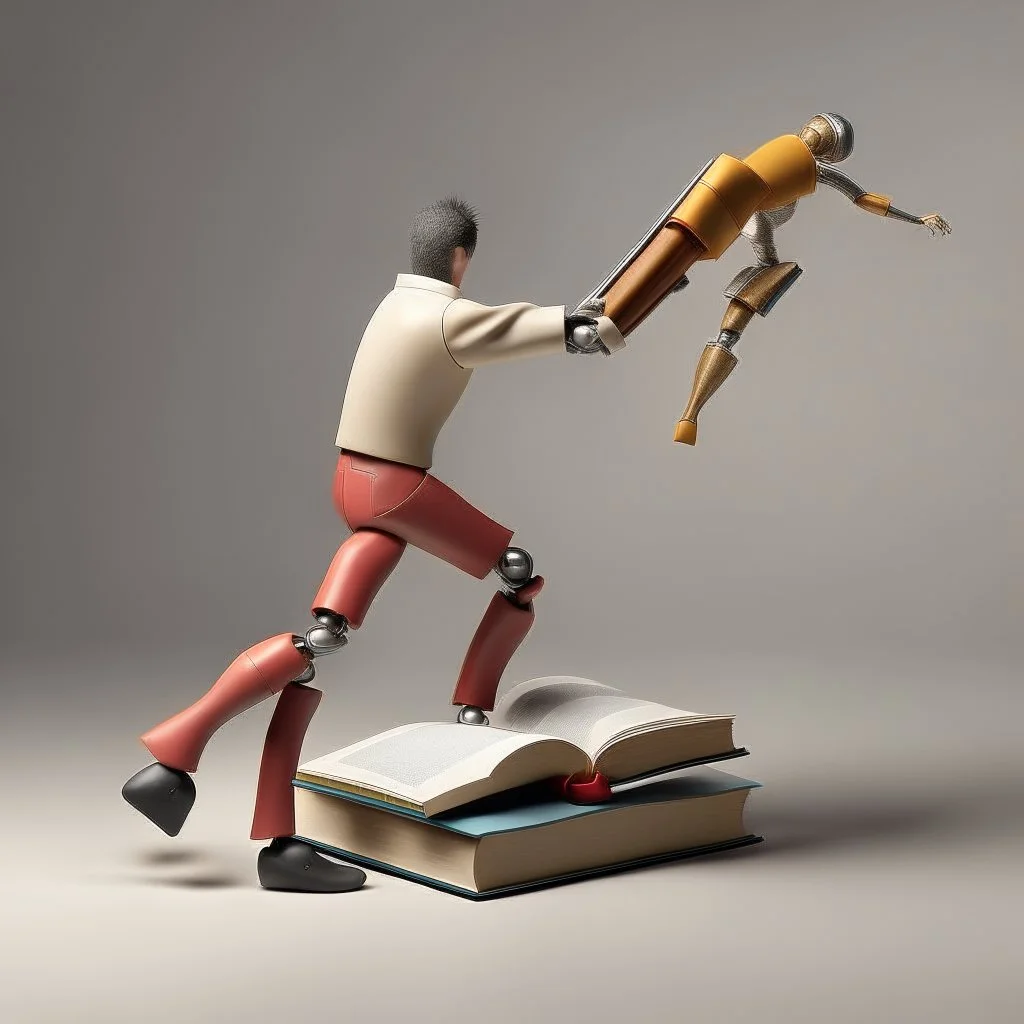 Book with arms and legs hitting a person with a book.