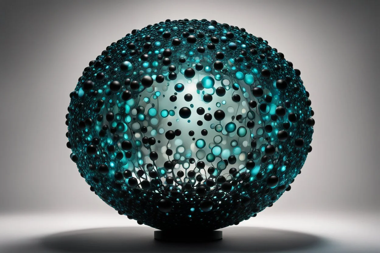 beautiful composition, black spheres with holes, woven of thin black wire, the entire surface of the sphere is filled with symmetrically arranged round holes, from the inside of the sphere a bioluminescent blue-green (sometimes blue, sometimes green) light is emitted, projecting coloured round spots onto the whole background and the whole horizontal base where the sphere is placed. S<AI