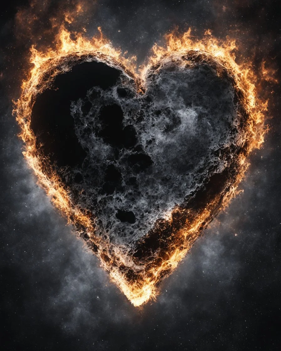 Moon in shape of realisitic heart, biological heart, cinematic, {abstract}, depression, black background, atmospheric, fire, DLSR, soft focus, dispersion