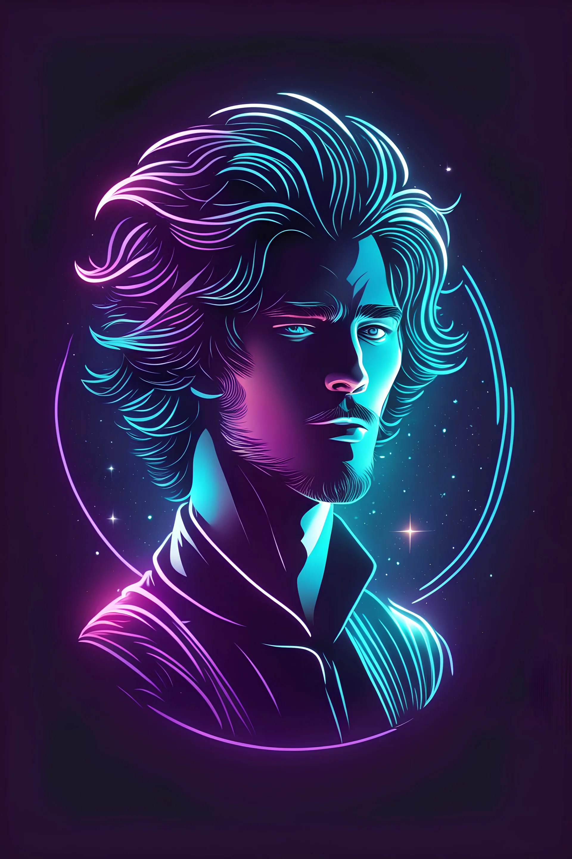 2D Celestial neon logo, vector, mysterious handsome young man, hair perfectly combed, white background