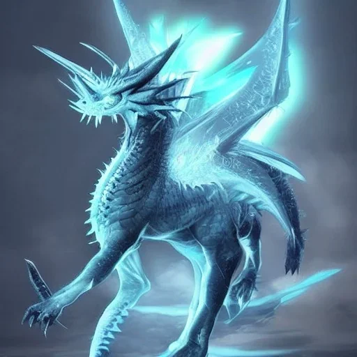 ice dragon with white mask, lots of spikes on its neck, spikes on its back, a few spikes on its tail, and a lightning ball beside it