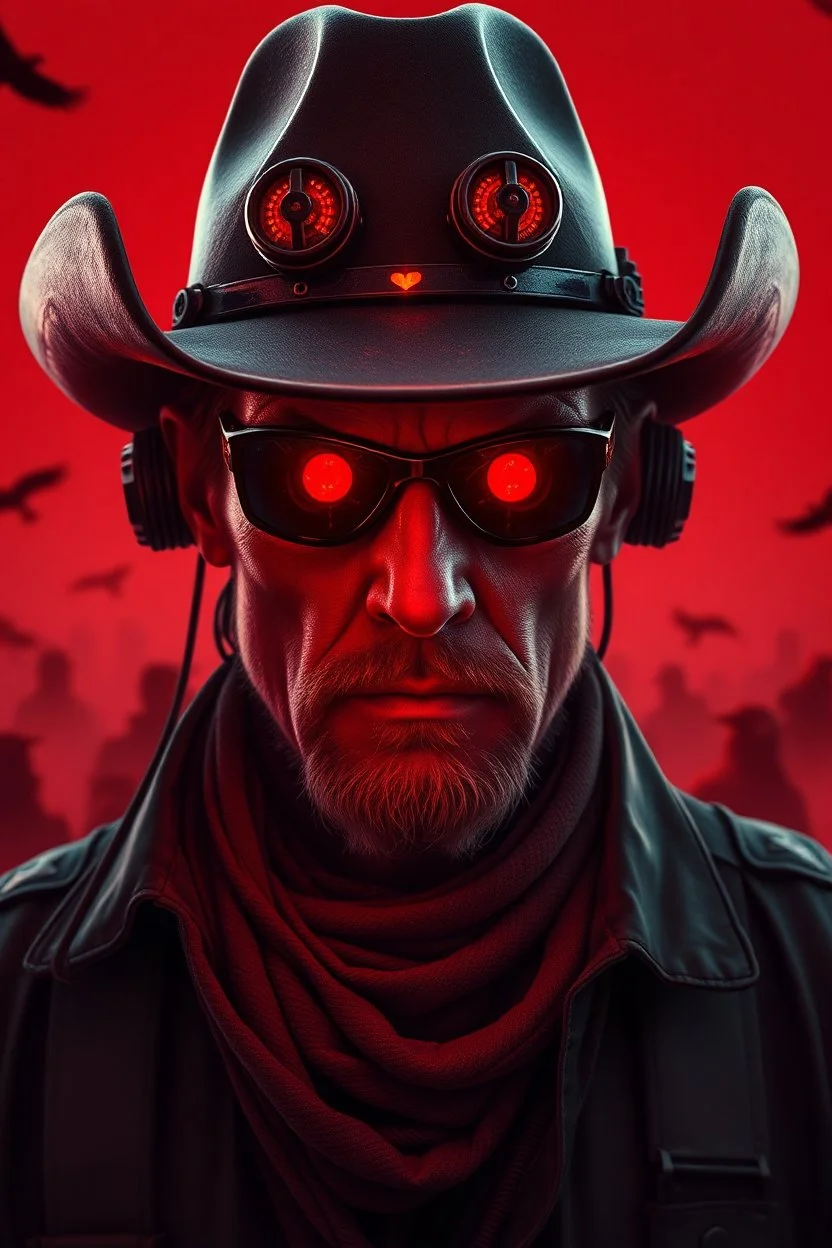 A cowboy portrait with a red light reflecting in their cybernetic enhancements.red background all are red black birds in the background