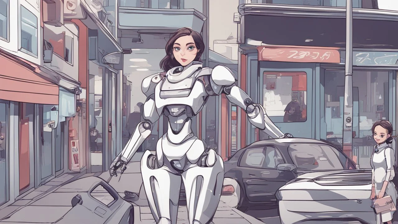 female robot, in a street, shops, cars, people